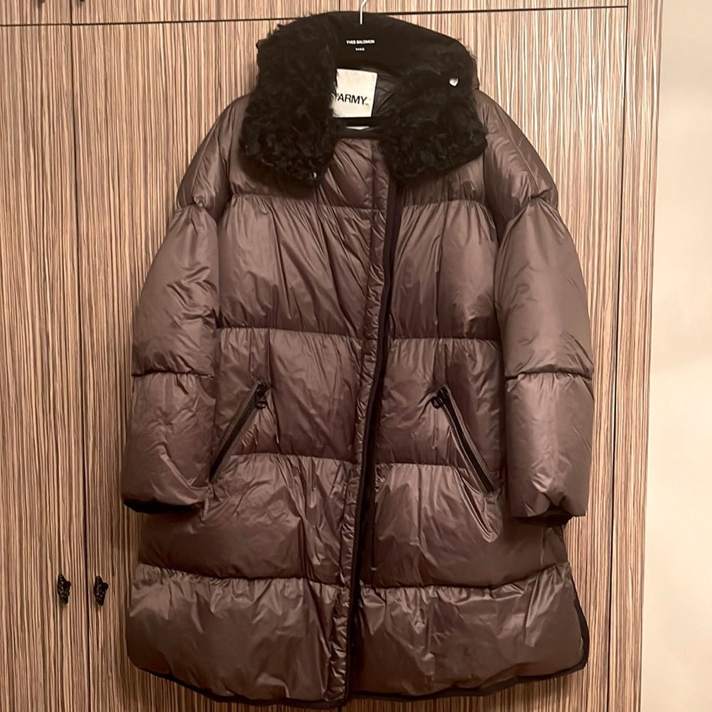 Yves Salomon Shearling Collar Puffer Down Coat Size 40 Europian